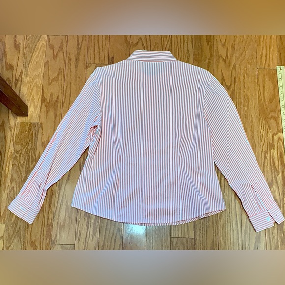 Vtg Women’s Petite Medium Button Front Orange White Striped Susan Bristol Shirt - Picture 5 of 13